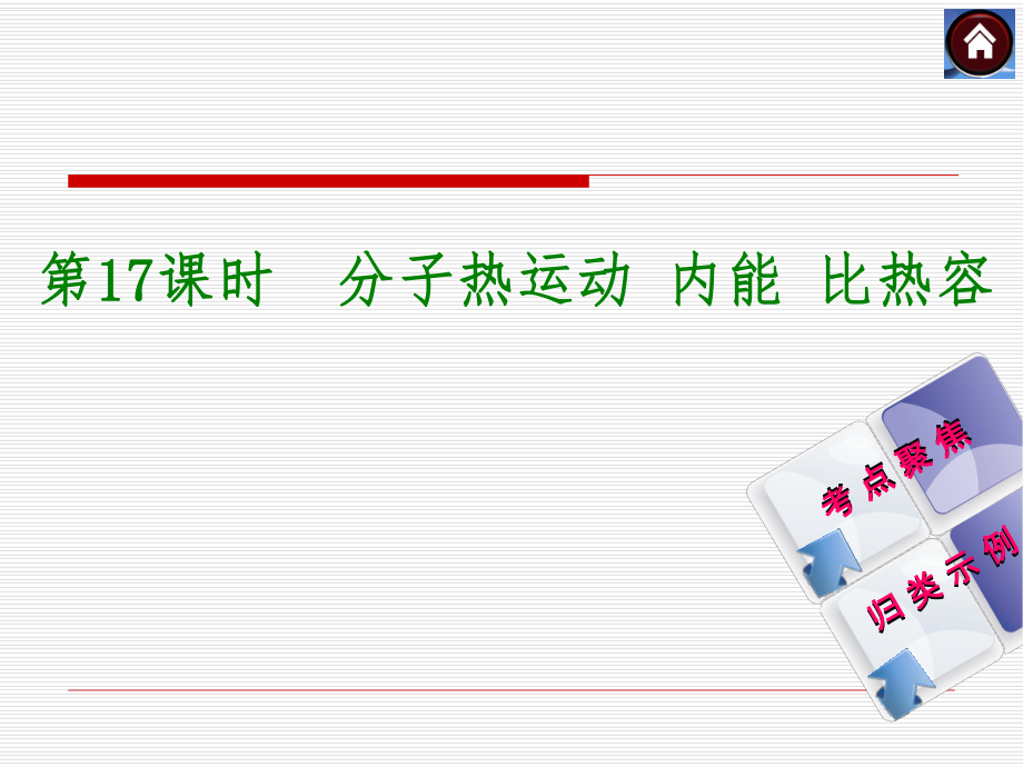 【2015中考复习方案】（人教版）物理中考总复习课件（考点聚焦+归类示例）：第17课时　分子热运动+内能+比热容（共30张PPT）.ppt_第1页