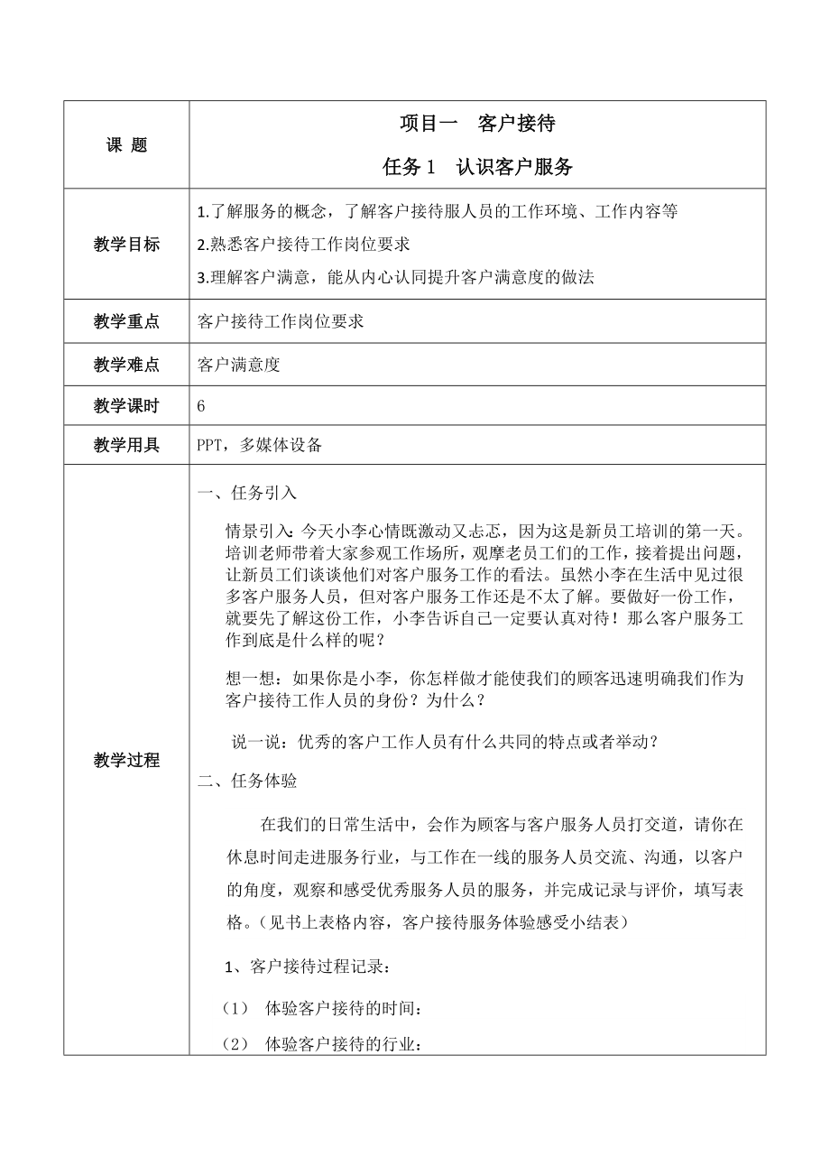 客户服务基础全书教案完整版电子教案整本书教案最全单元教学设计项目1-4全.docx_第1页