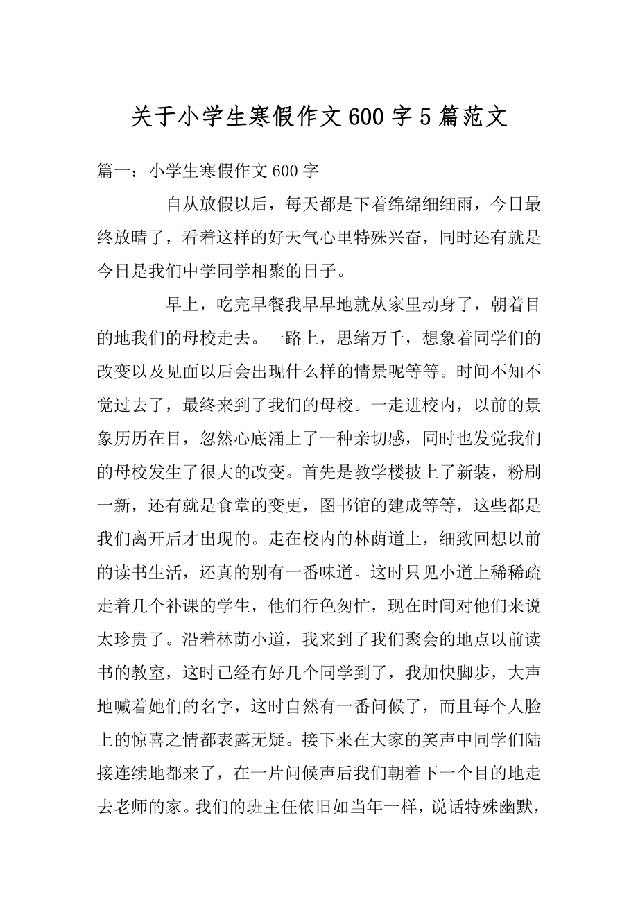 关于小学生寒假作文600字5篇范文汇总.docx_第1页