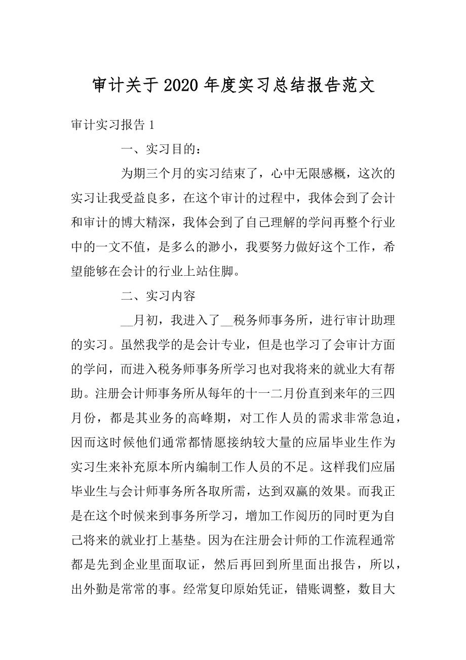 审计关于2020年度实习总结报告范文精品.docx_第1页