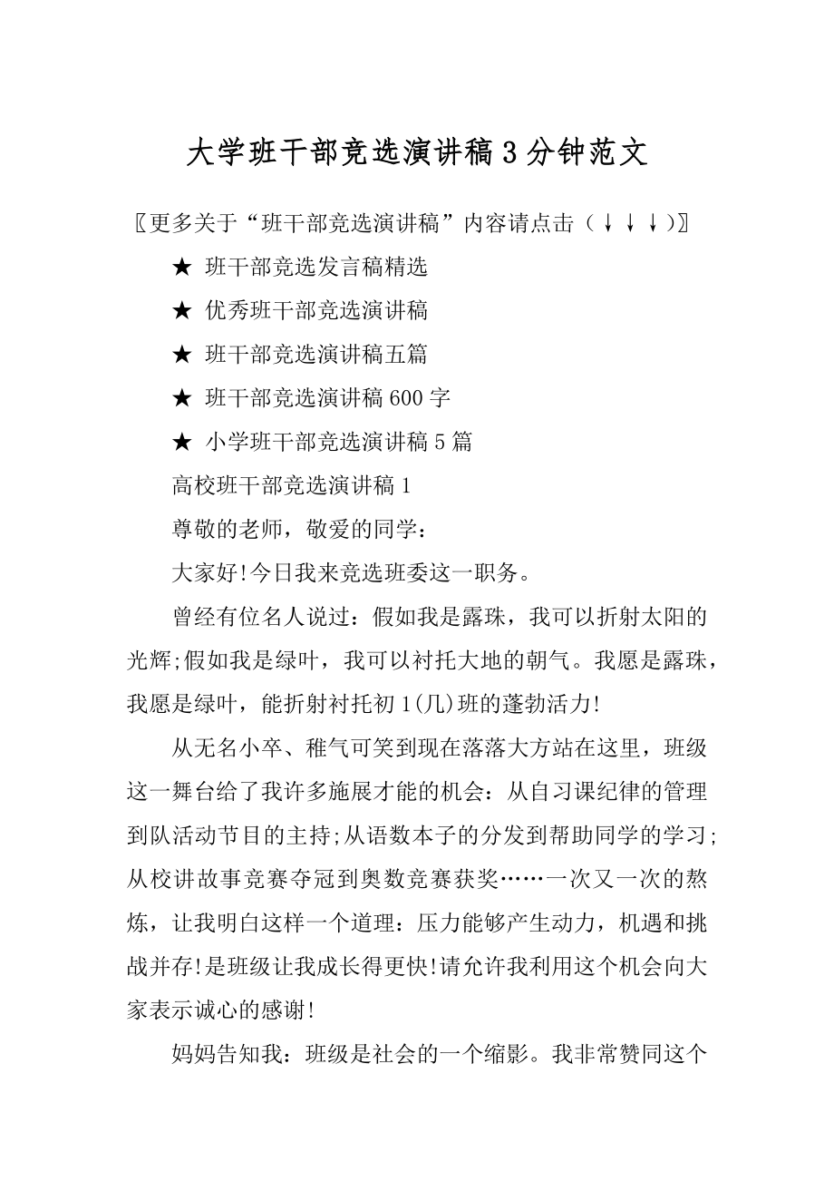 大学班干部竞选演讲稿3分钟范文精选.docx_第1页