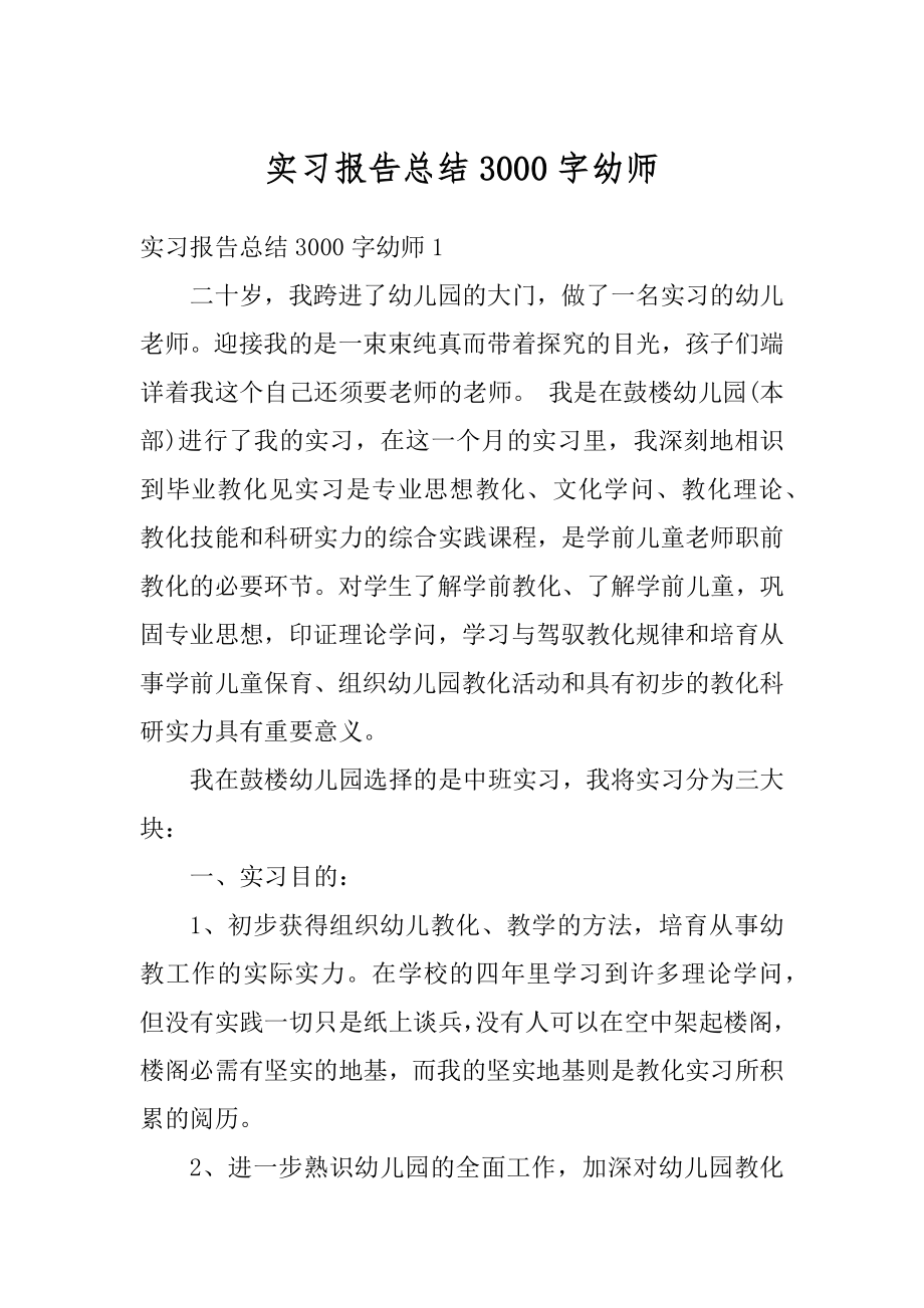 实习报告总结3000字幼师精编.docx_第1页