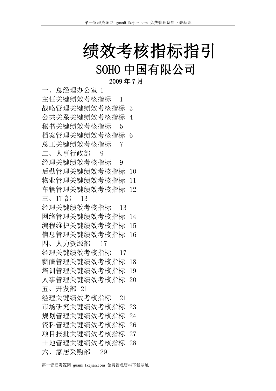 SOHO中国地产公司绩效考核管理指标汇编.docx_第1页