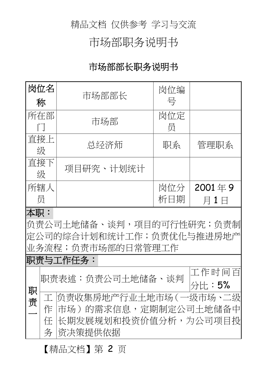 【房地产公司】市场部职务说明书.doc_第2页