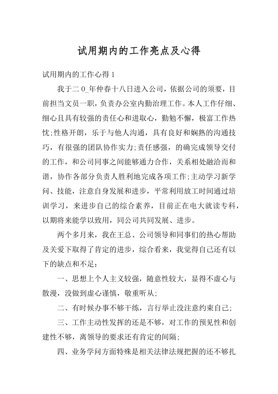 试用期内的工作亮点及心得汇总.docx_第1页