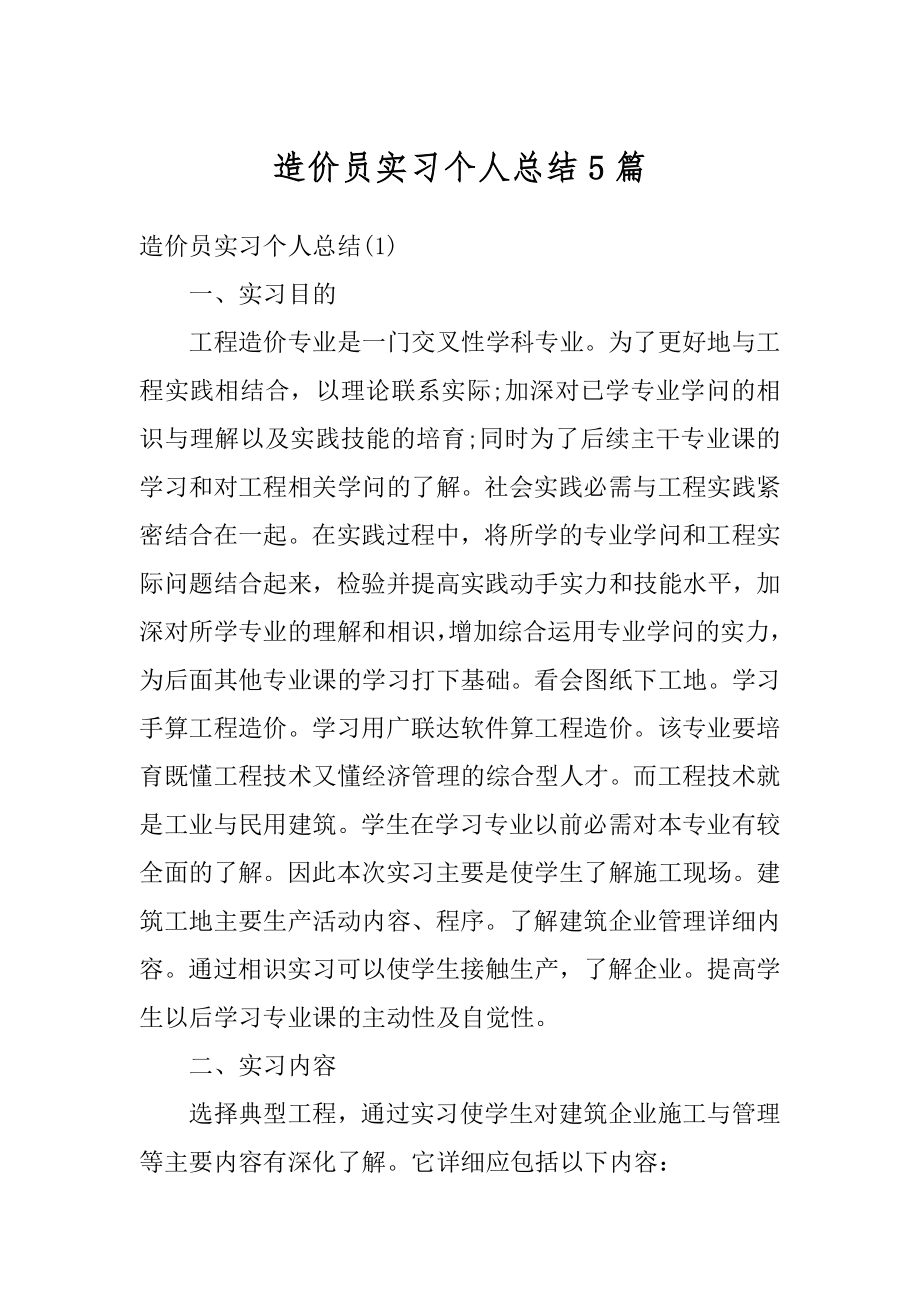 造价员实习个人总结5篇例文.docx_第1页