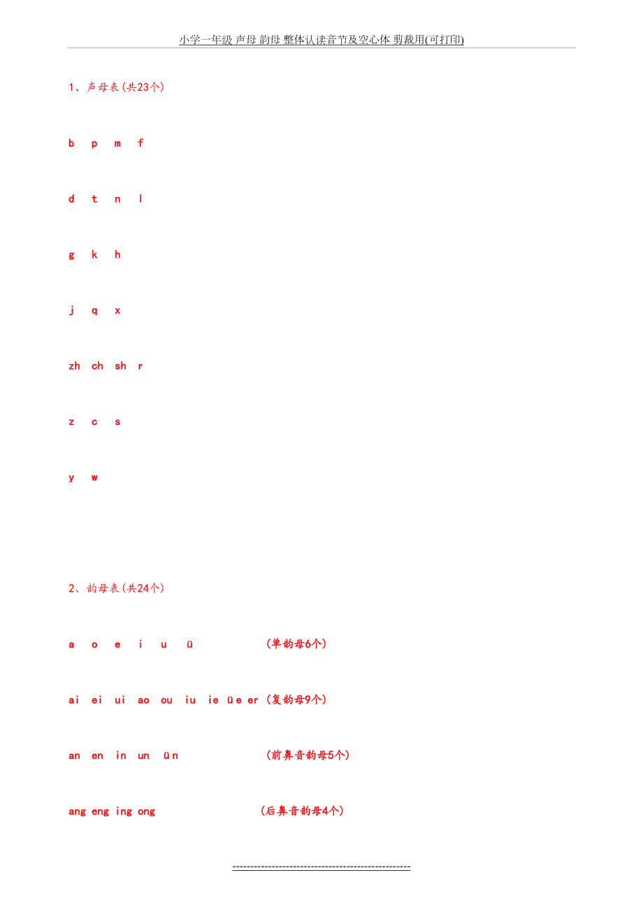 小学一年级 声母 韵母 整体认读音节及空心体 剪裁用(可打印).doc_第2页