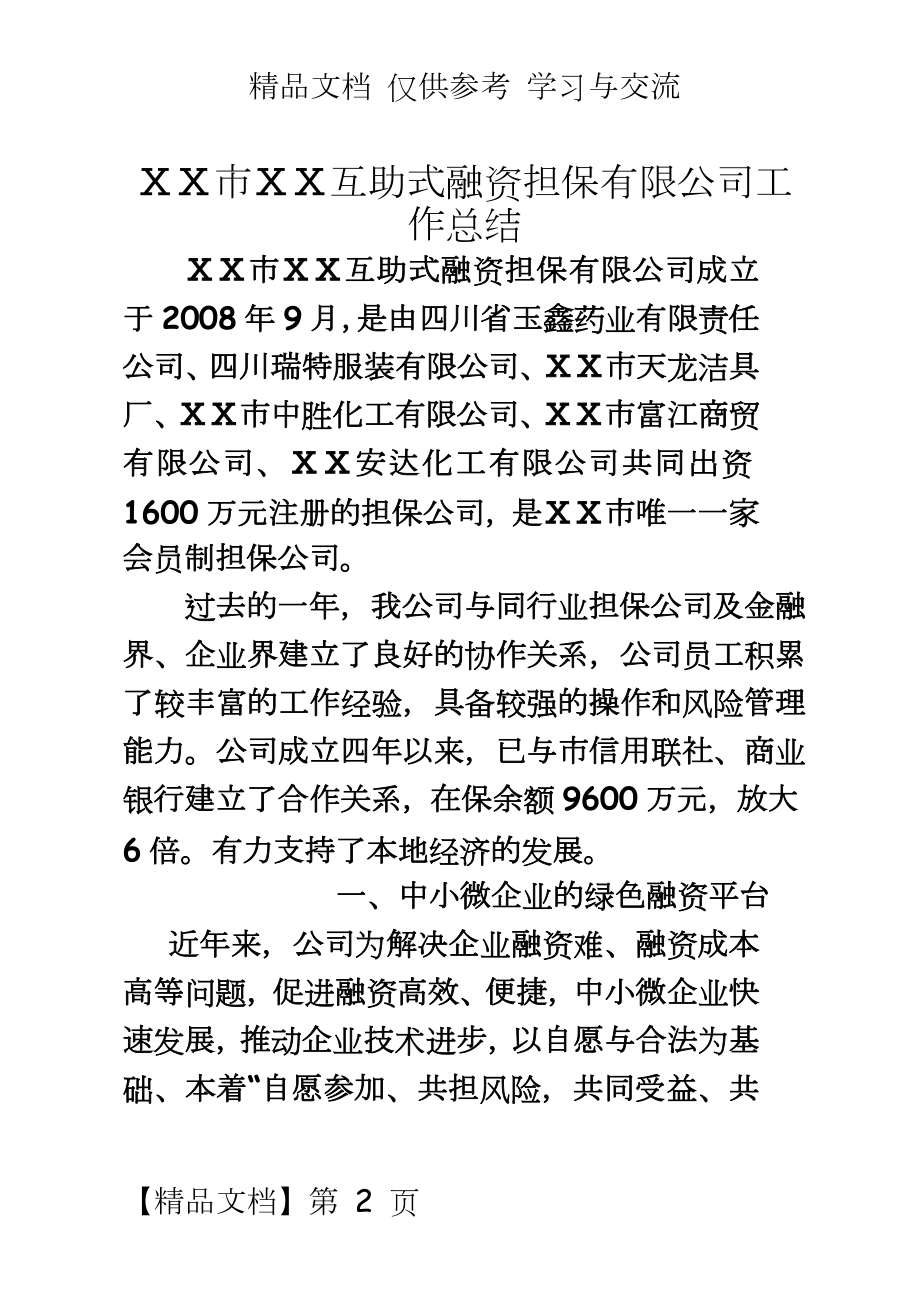 互助式融资担保有限公司工作总结.doc_第2页