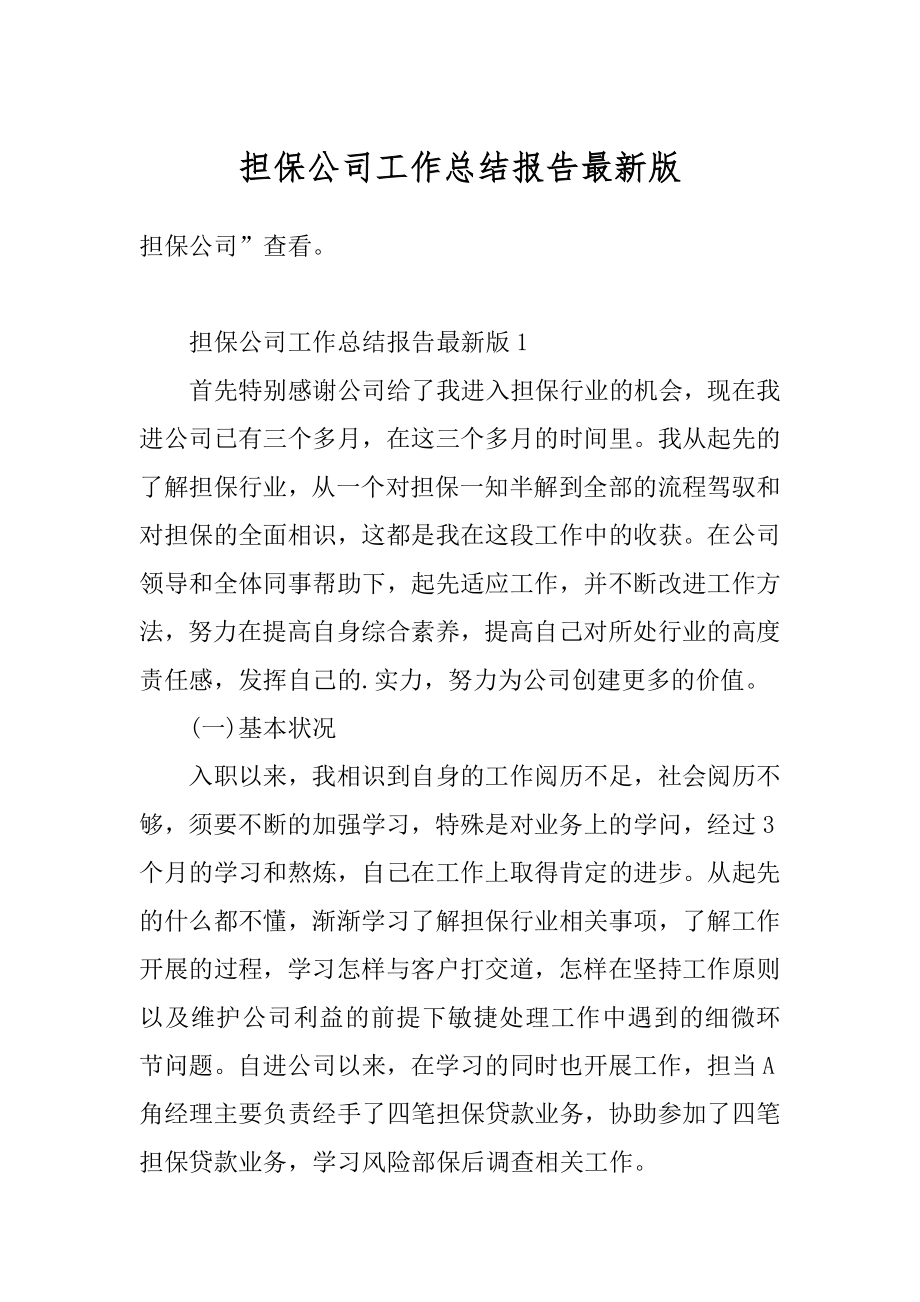 担保公司工作总结报告最新版精选.docx_第1页