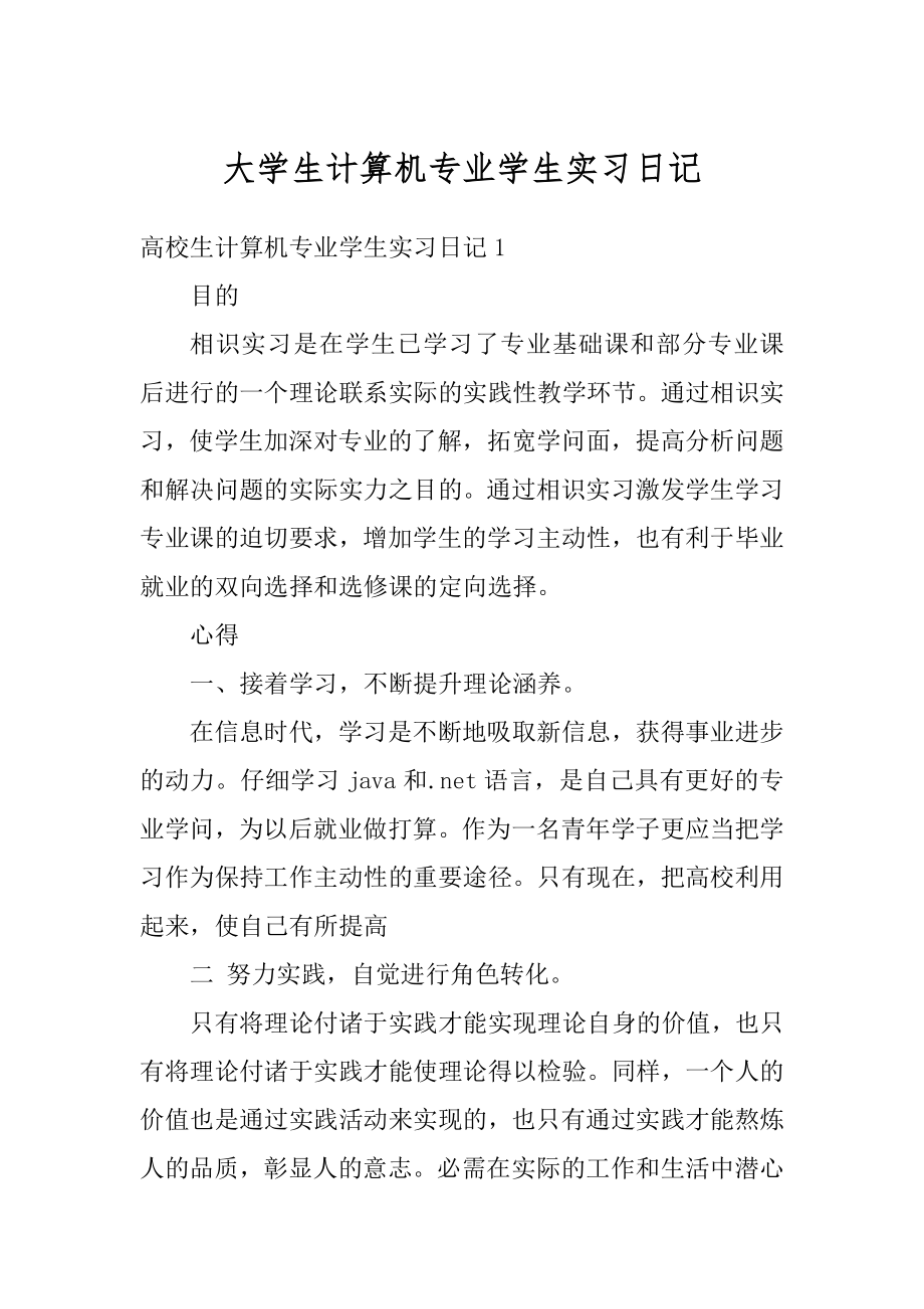 大学生计算机专业学生实习日记例文.docx_第1页