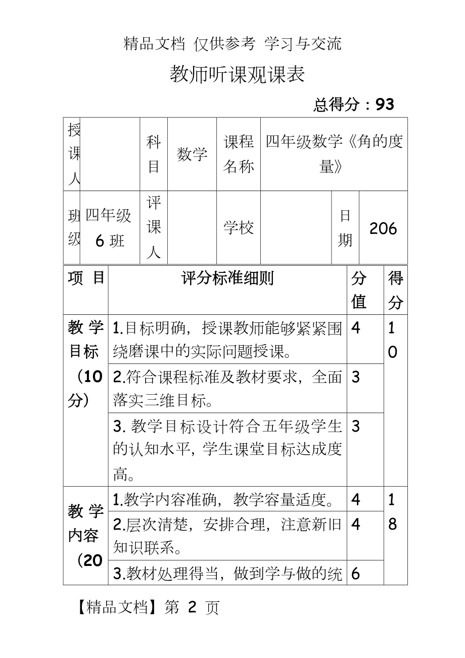 人教版小学数学四年级上册《角的度量》教师听课观课评议表.doc_第2页