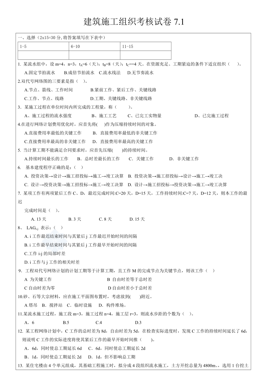 施工组织试题库-10套试卷及答案7.1试卷.doc_第1页