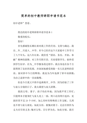 简单的初中教师辞职申请书范本范文.docx