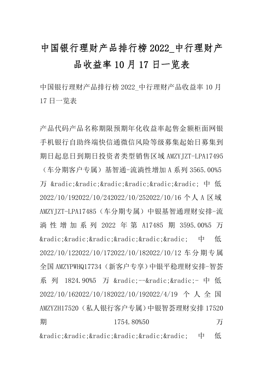 中国银行理财产品排行榜2022_中行理财产品收益率10月17日一览表例文.docx_第1页