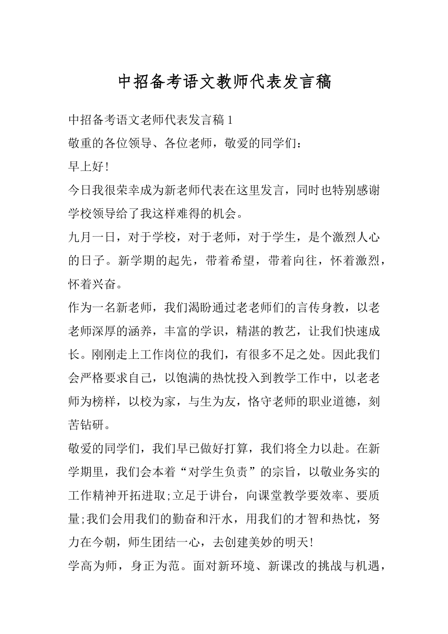 中招备考语文教师代表发言稿优质.docx_第1页