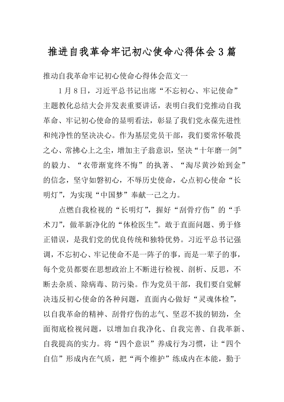 推进自我革命牢记初心使命心得体会3篇范例.docx_第1页