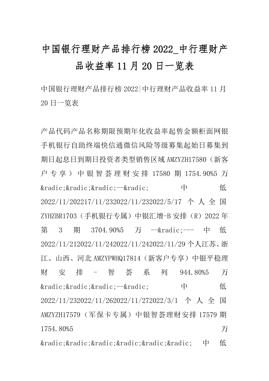 中国银行理财产品排行榜2022_中行理财产品收益率11月20日一览表汇编.docx_第1页