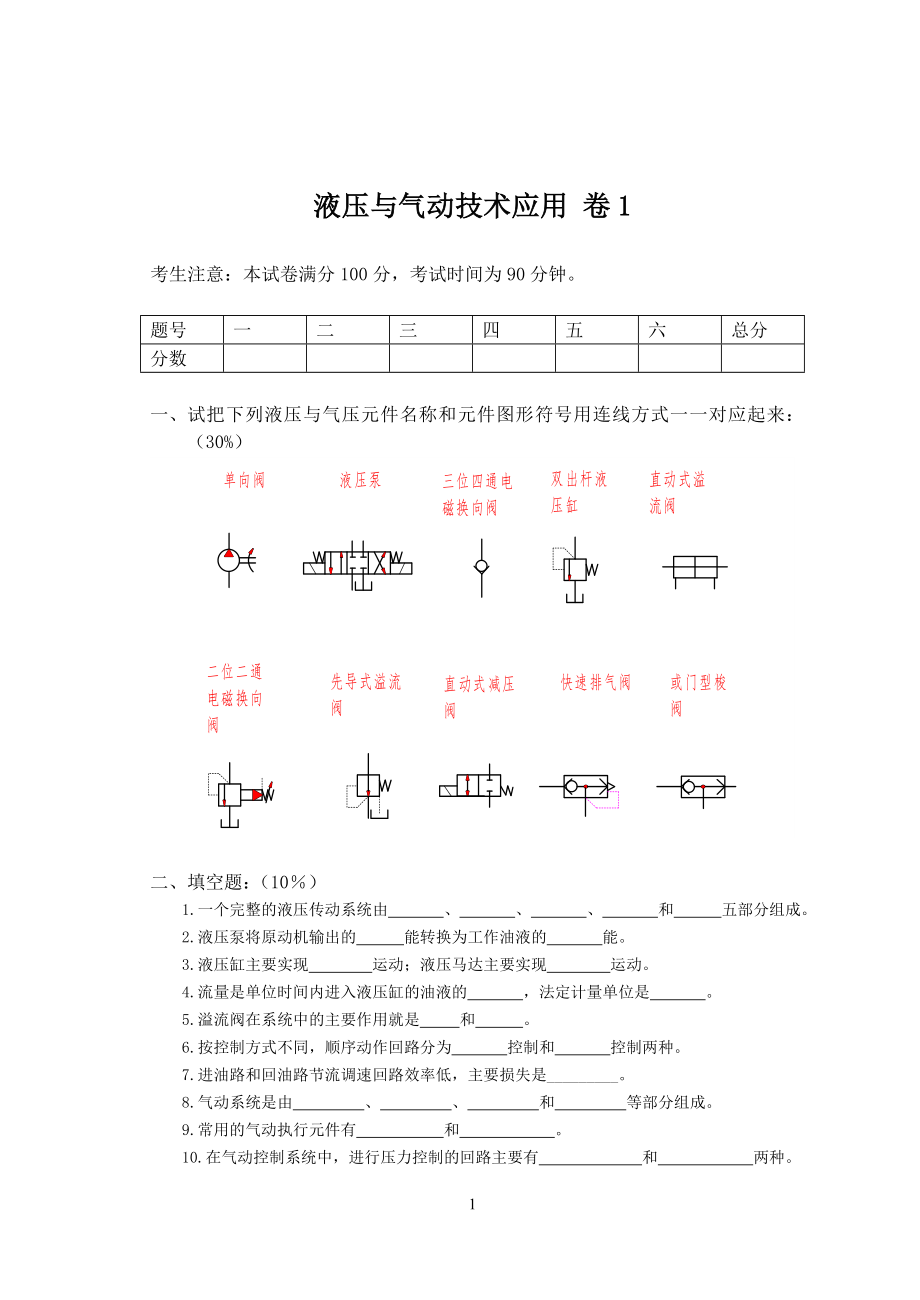 液压与气动技术应用AB卷期末测试卷模拟卷带答案试卷期末考试卷2021年XX学校XX专业.doc_第1页