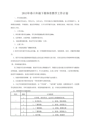 2013年春六年级下册体育教学工作计划.doc