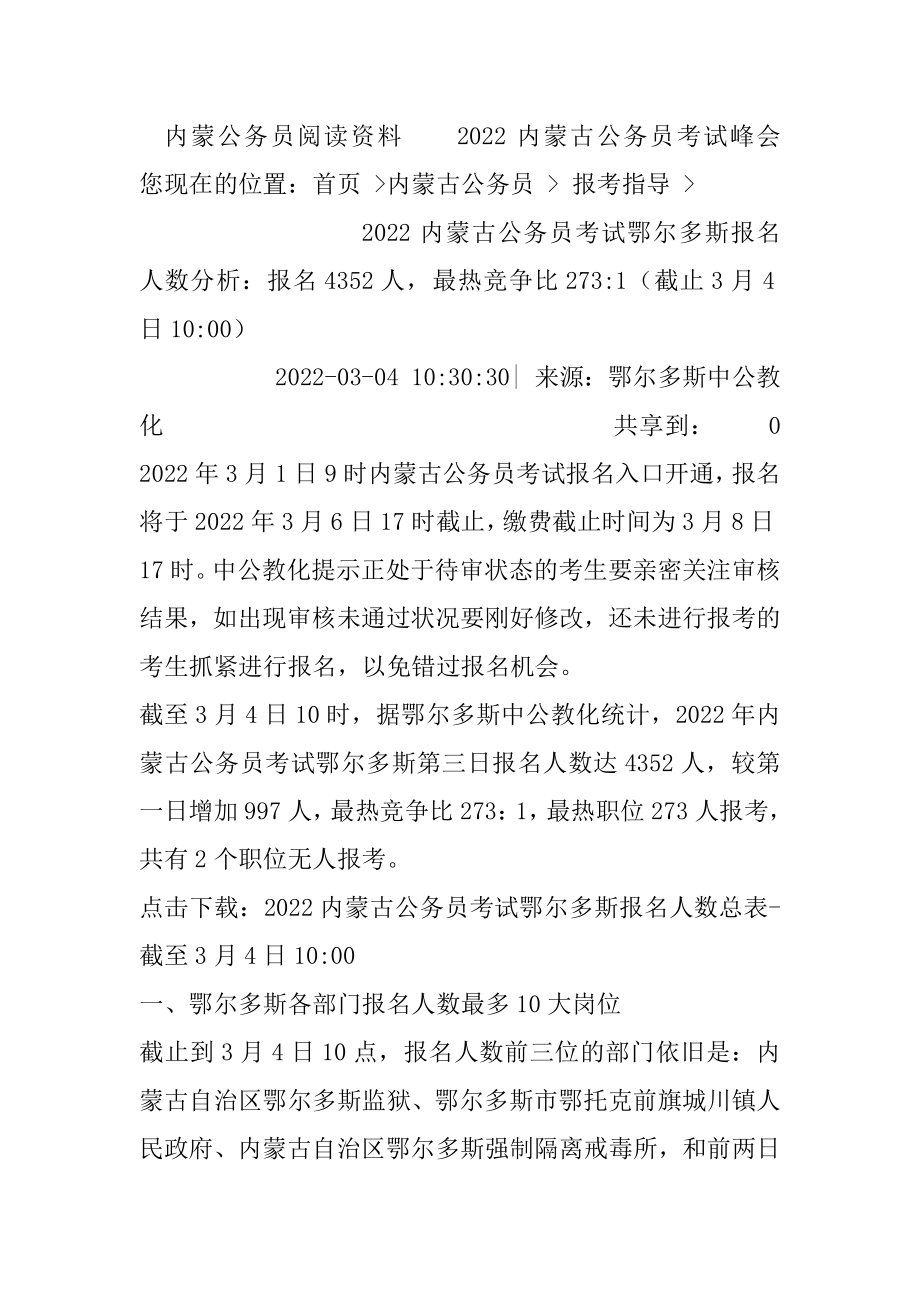 2022内蒙古公务员考试鄂尔多斯报名人数分析：报名4352人最热竞争比273-1（截止3月4日10-00）范例.docx_第2页