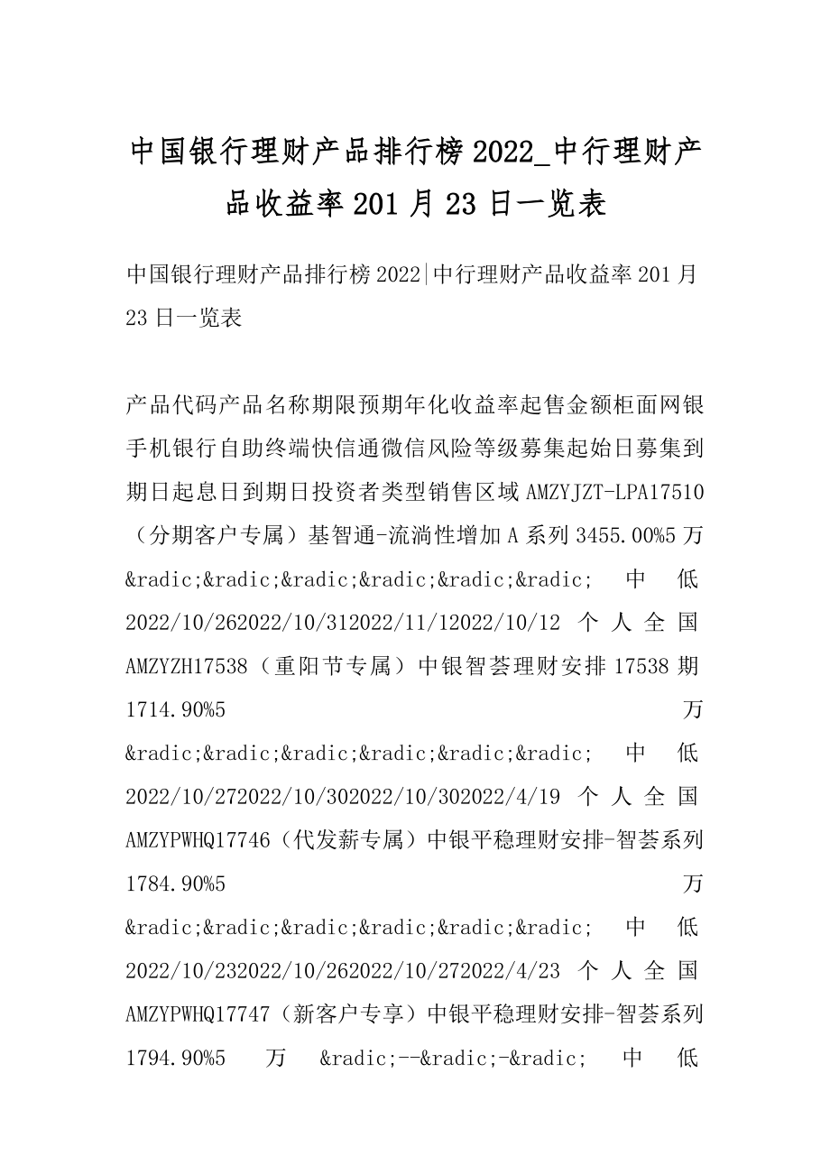 中国银行理财产品排行榜2022_中行理财产品收益率201月23日一览表范例.docx_第1页