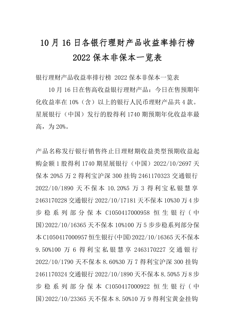 10月16日各银行理财产品收益率排行榜 2022保本非保本一览表最新.docx_第1页