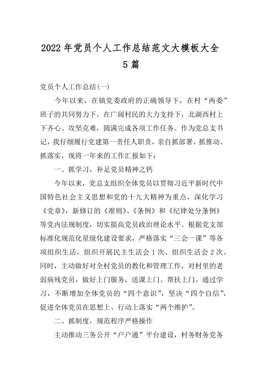 2022年党员个人工作总结范文大模板大全5篇精选.docx_第1页