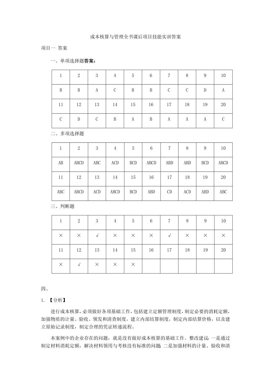 成本核算与管理全书课后项目技能实训答案.docx_第1页