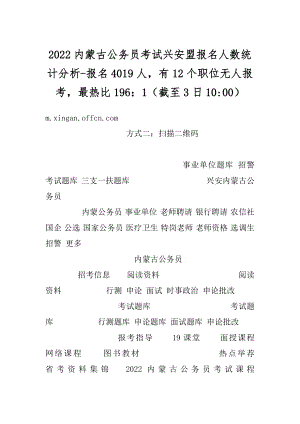 2022内蒙古公务员考试兴安盟报名人数统计分析-报名4019人有12个职位无人报考最热比196：1（截至3日10-00）例文.docx