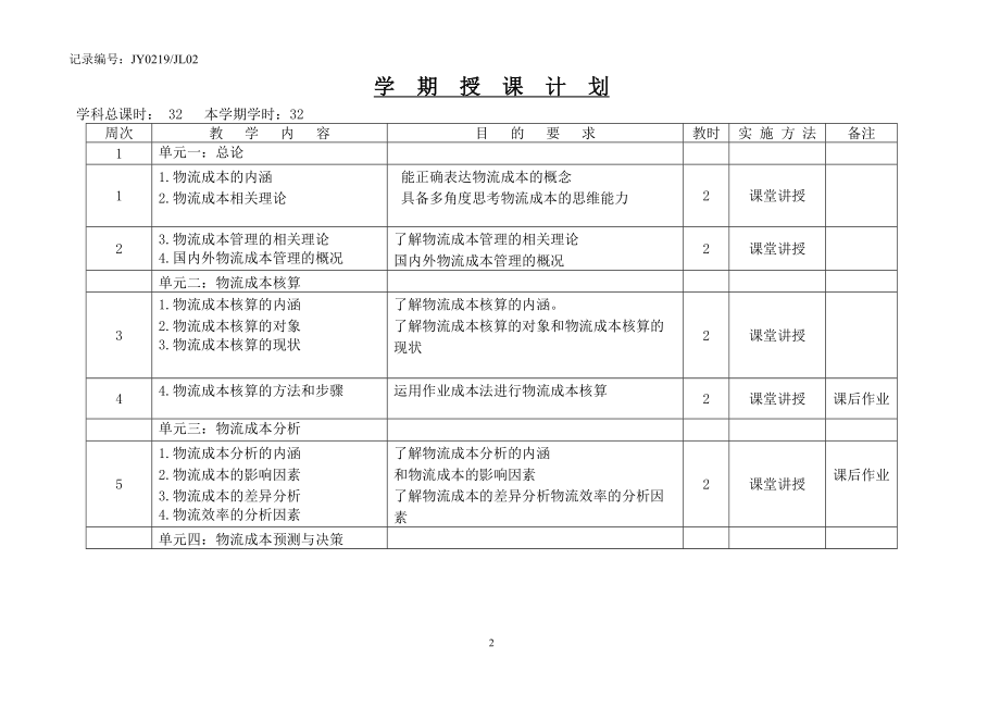 物流成本管理授课计划授课计划-课程整体设计-教学计划-教学日历.doc_第2页