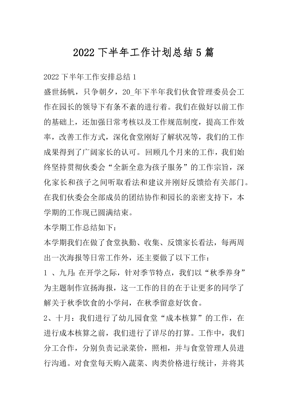 2022下半年工作计划总结5篇汇编.docx_第1页