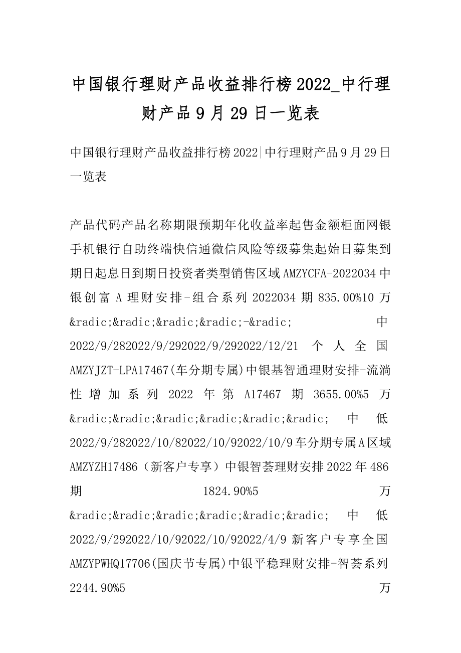 中国银行理财产品收益排行榜2022_中行理财产品9月29日一览表汇编.docx_第1页