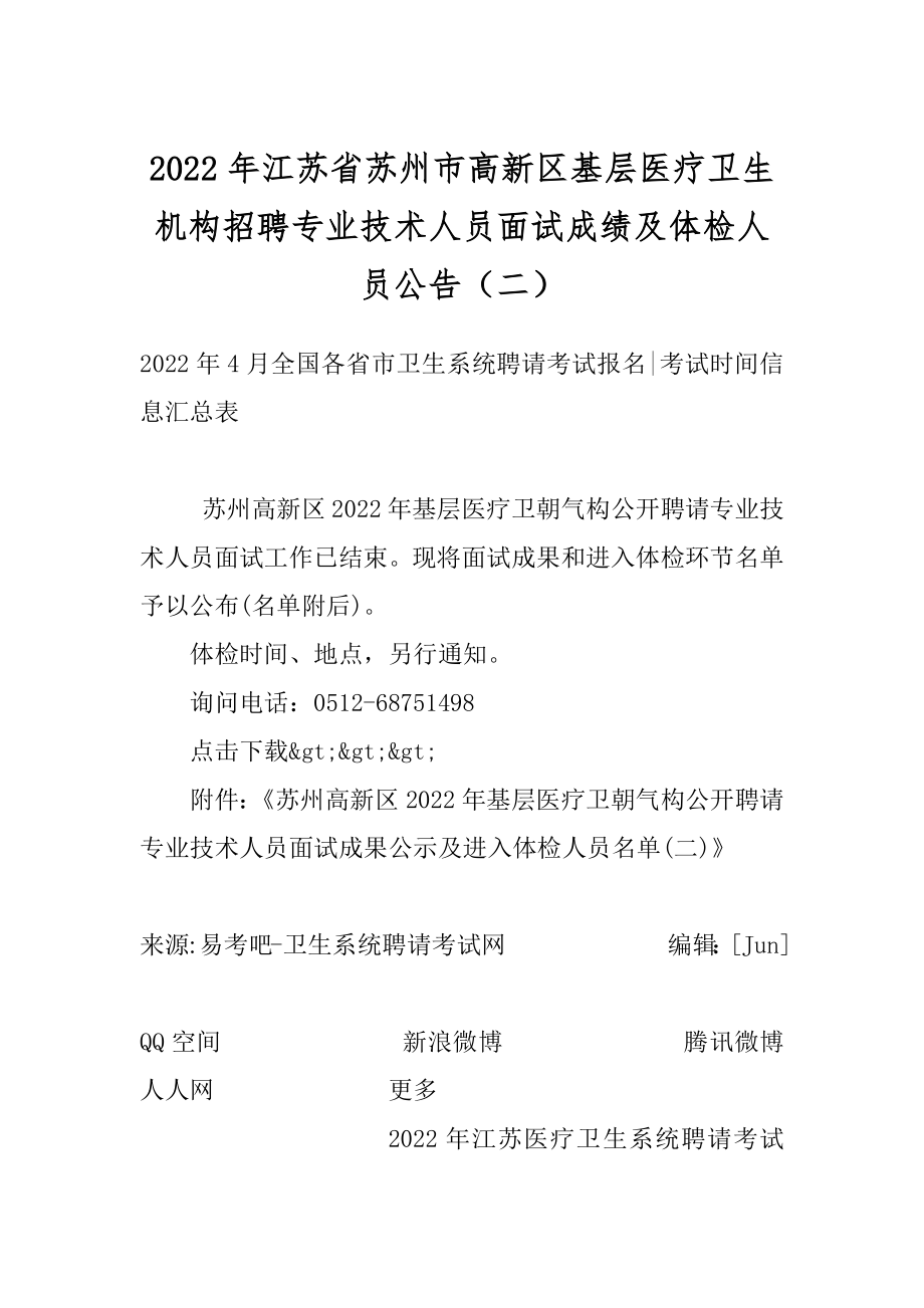 2022年江苏省苏州市高新区基层医疗卫生机构招聘专业技术人员面试成绩及体检人员公告（二）范例.docx_第1页