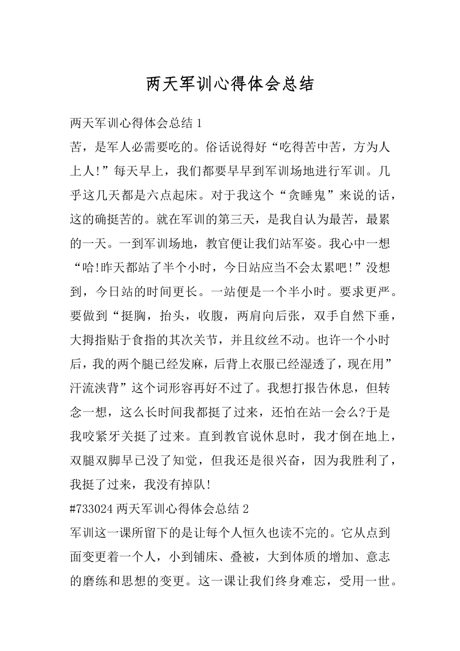 两天军训心得体会总结优质.docx_第1页