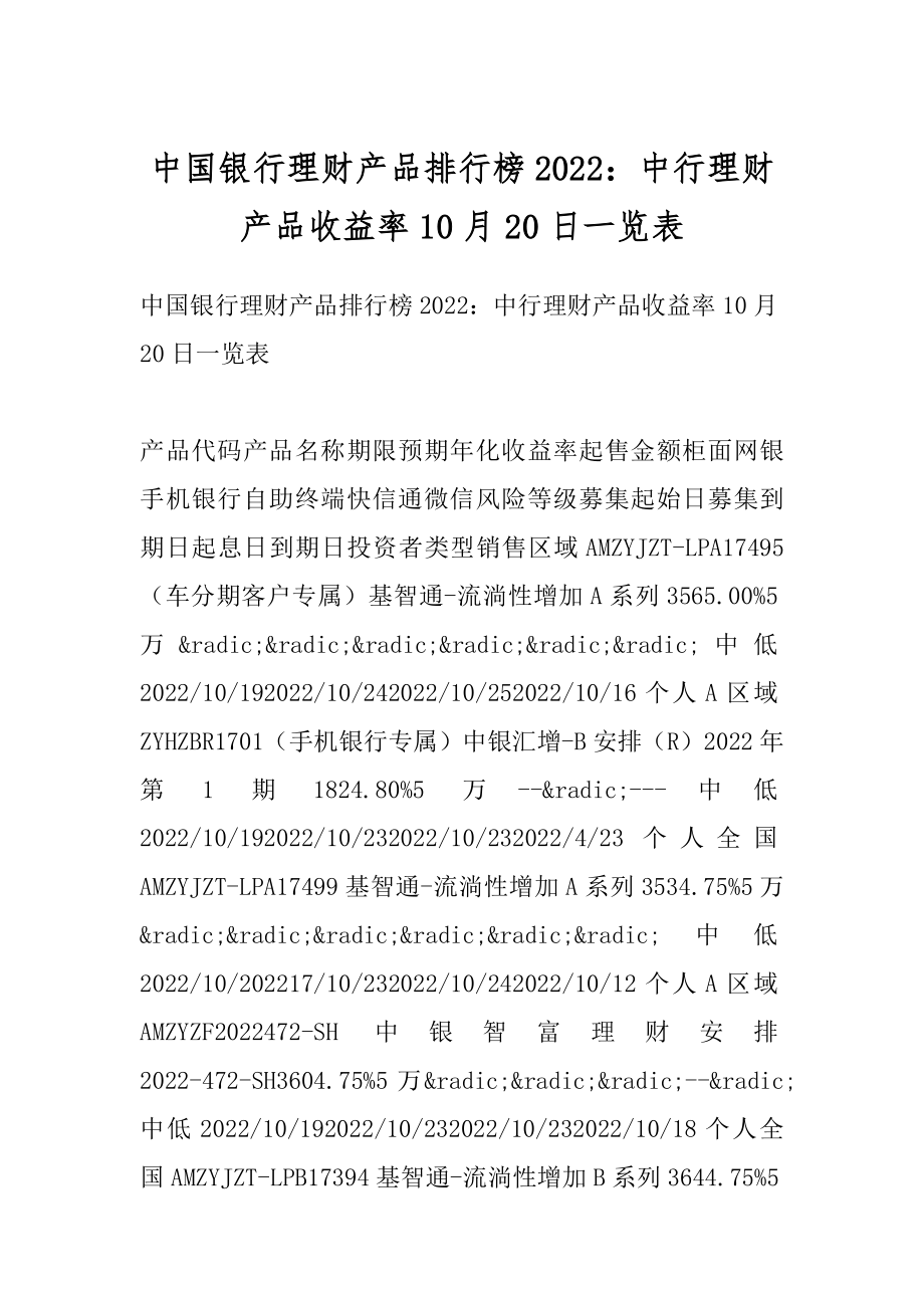 中国银行理财产品排行榜2022：中行理财产品收益率10月20日一览表范本.docx_第1页