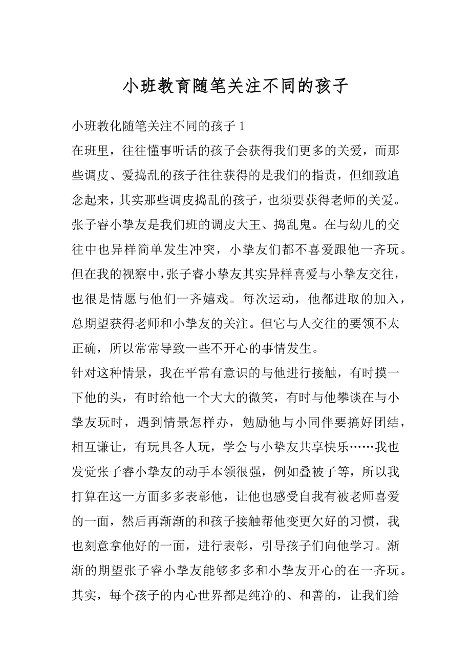 小班教育随笔关注不同的孩子范文.docx_第1页