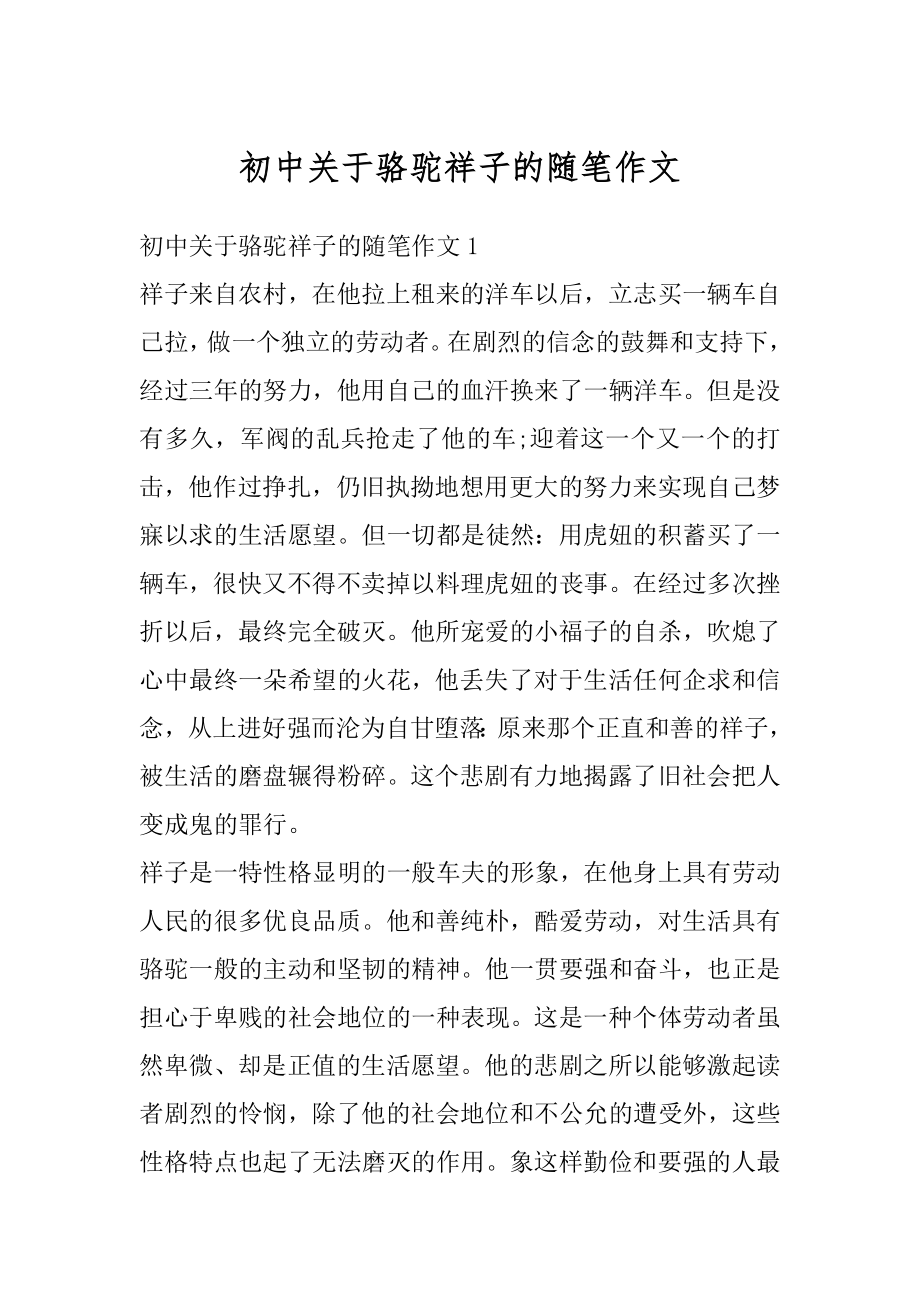 初中关于骆驼祥子的随笔作文汇编.docx_第1页