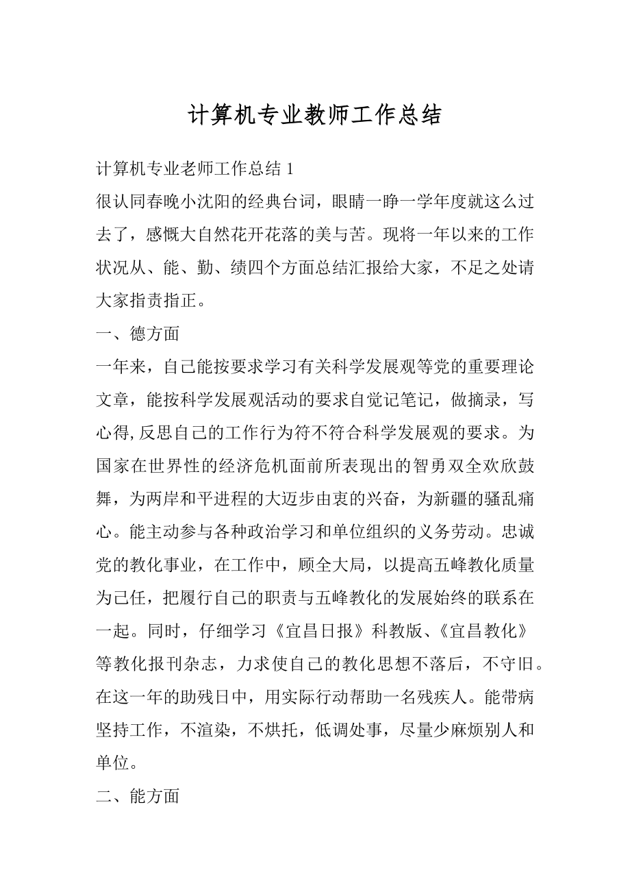 计算机专业教师工作总结例文.docx_第1页