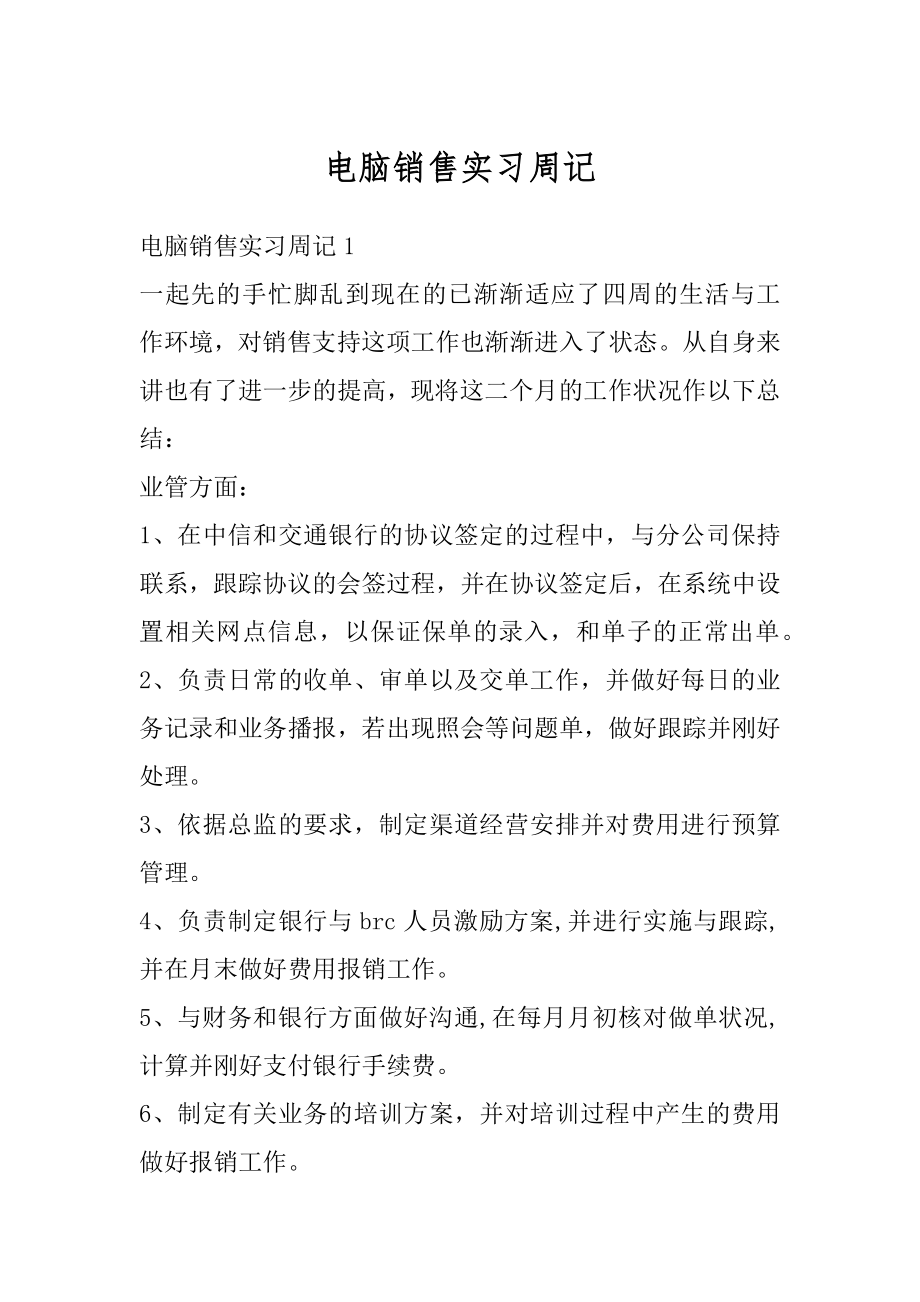 电脑销售实习周记例文.docx_第1页