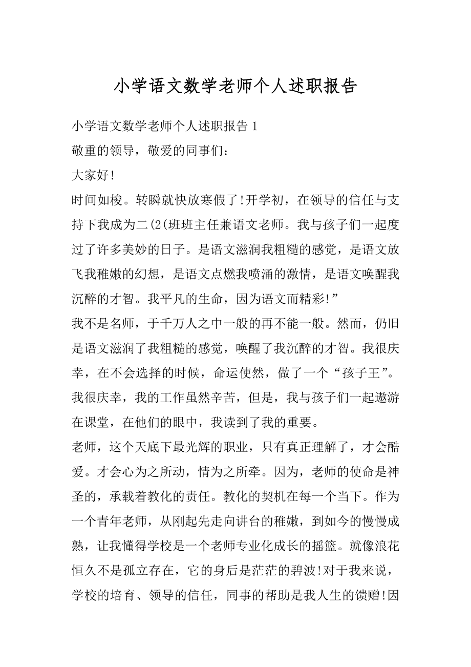 小学语文数学老师个人述职报告范文.docx_第1页