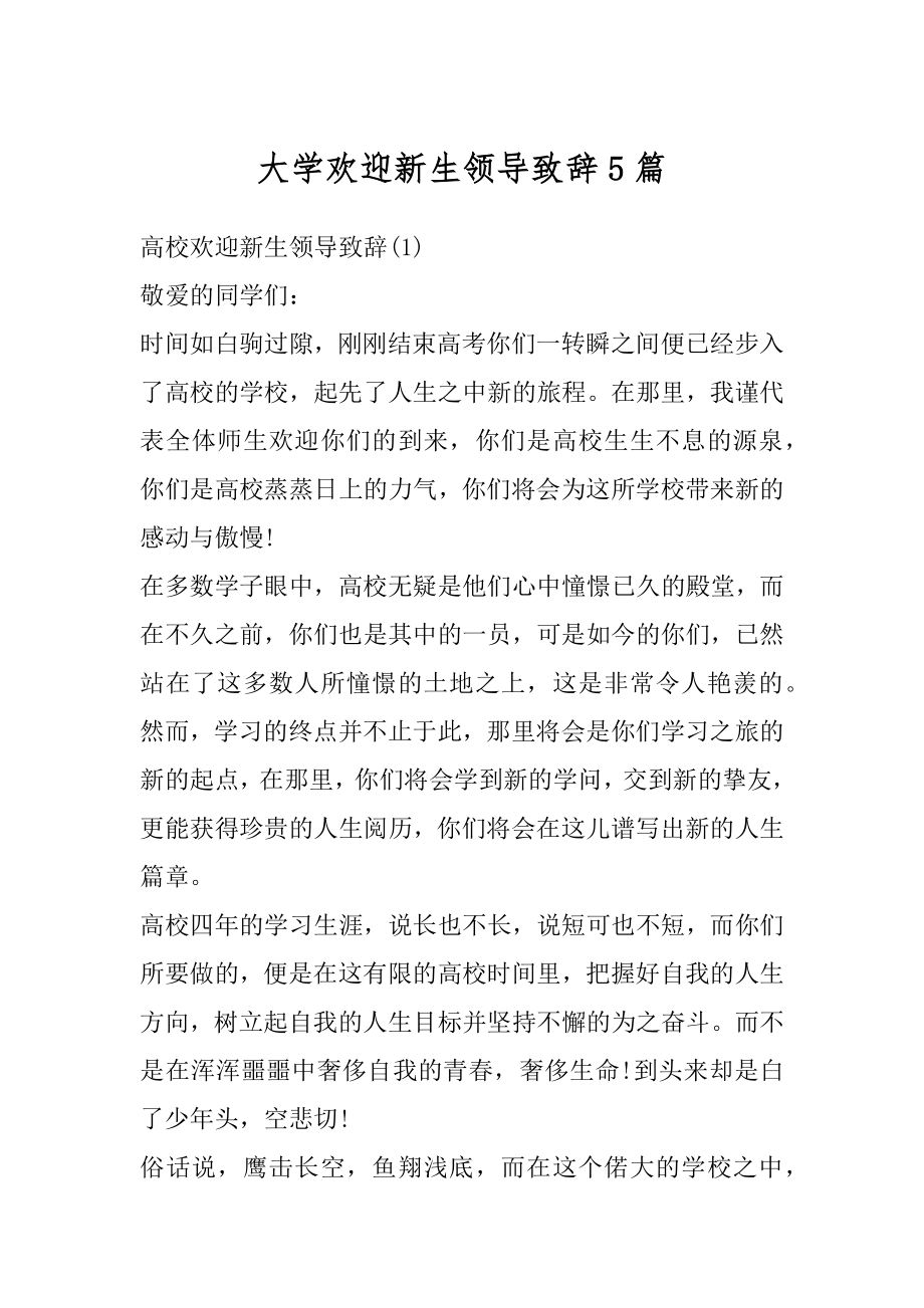 大学欢迎新生领导致辞5篇例文.docx_第1页