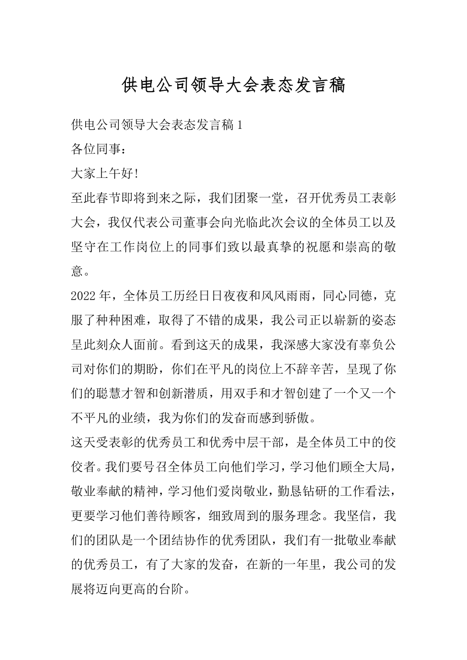 供电公司领导大会表态发言稿范本.docx_第1页