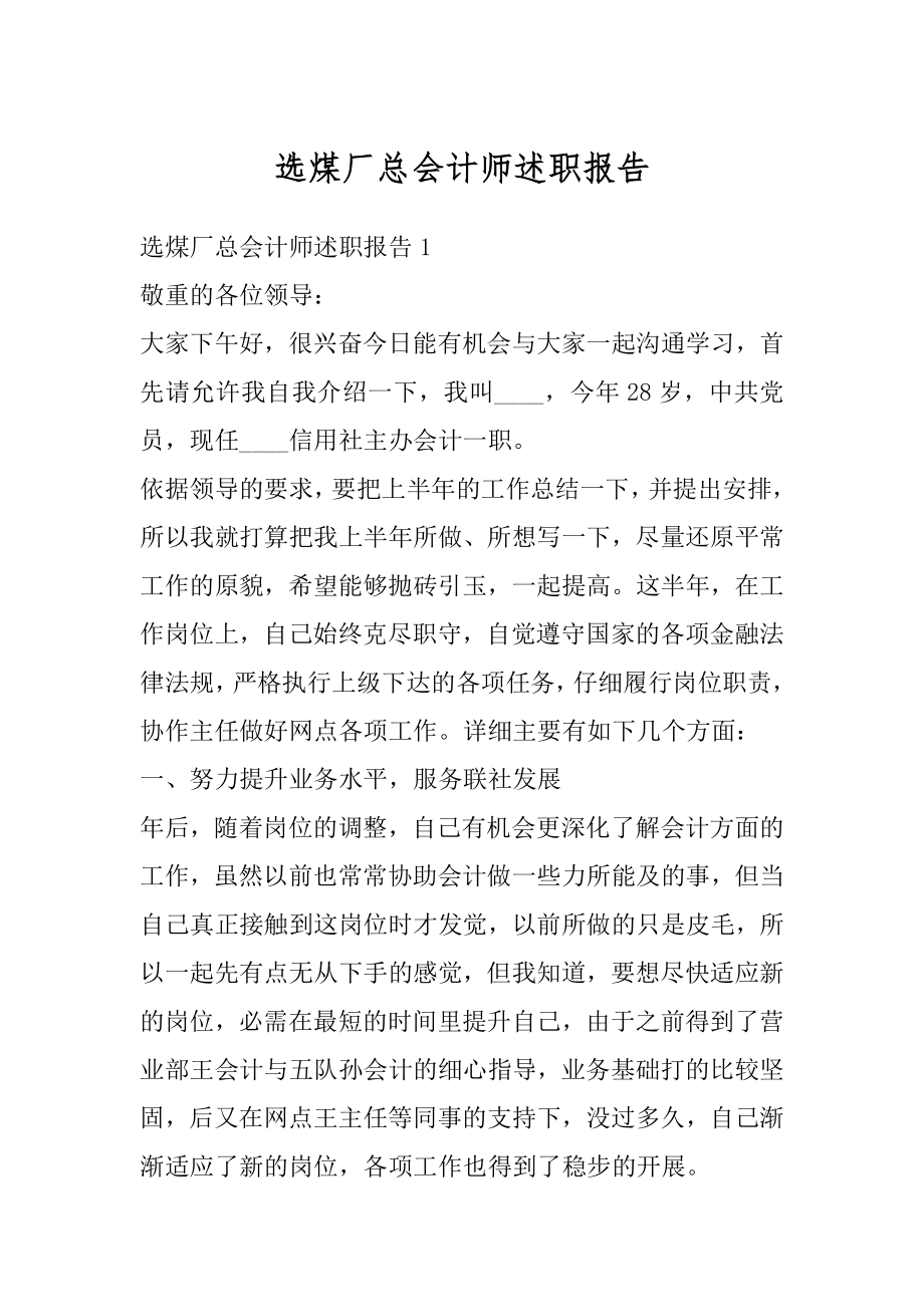 选煤厂总会计师述职报告精选.docx_第1页