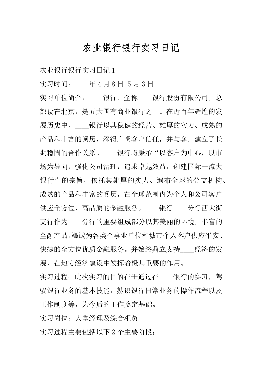 农业银行银行实习日记范本.docx_第1页