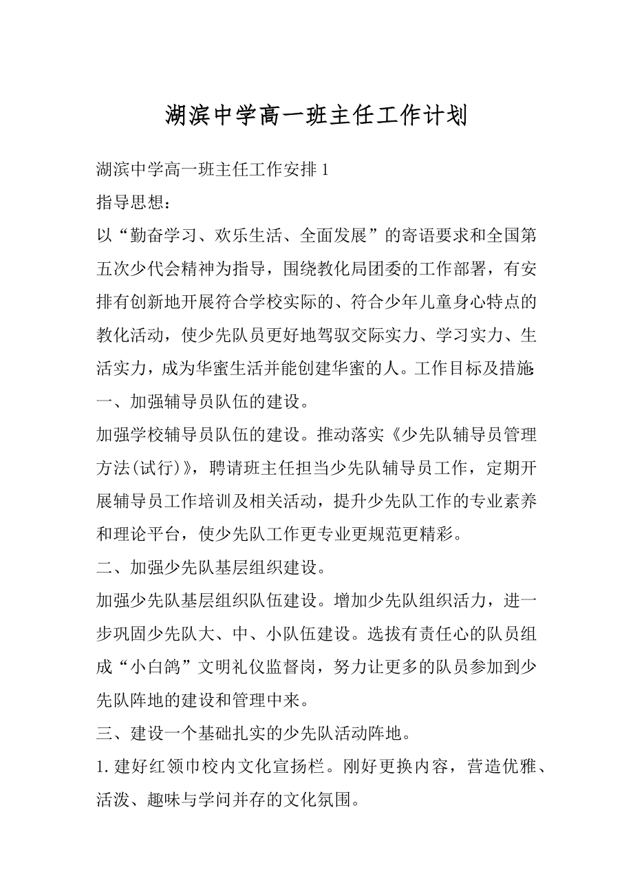 湖滨中学高一班主任工作计划精编.docx_第1页