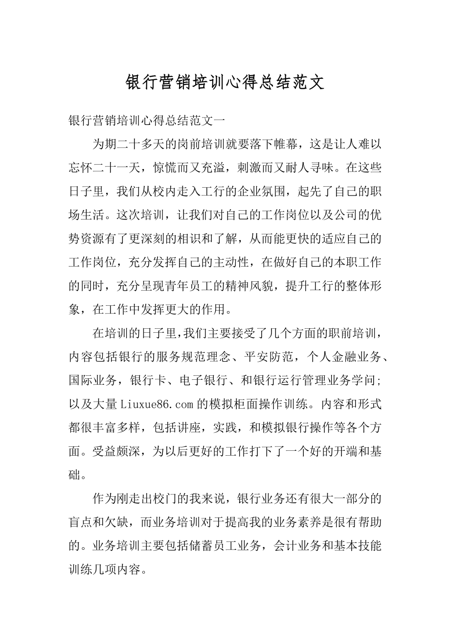 银行营销培训心得总结范文例文.docx_第1页