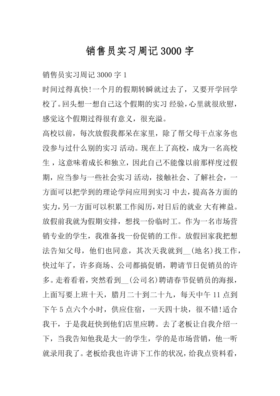 销售员实习周记3000字精编.docx_第1页