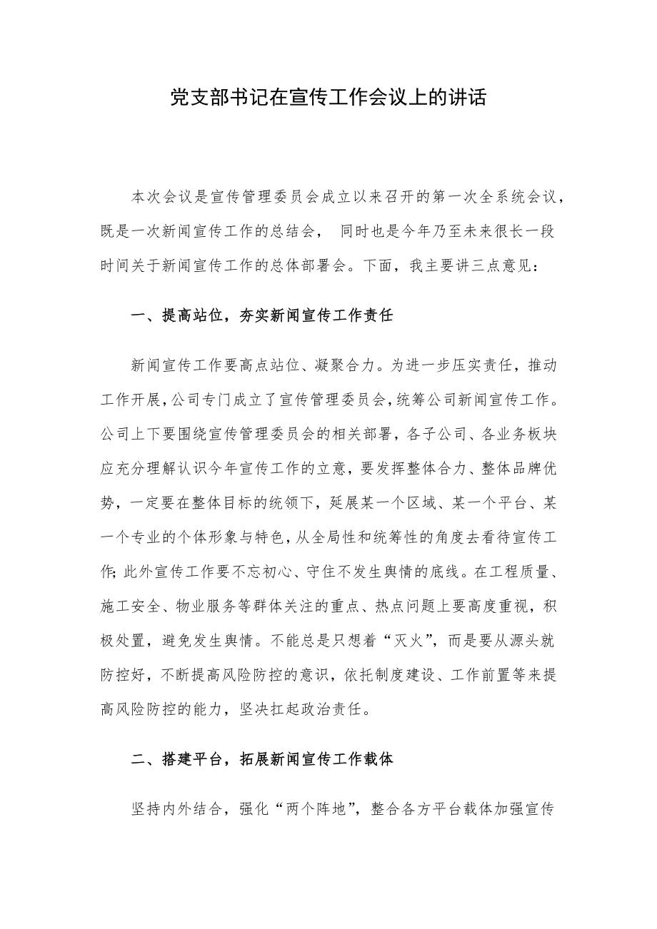 党支部书记在宣传工作会议上的讲话.docx_第1页