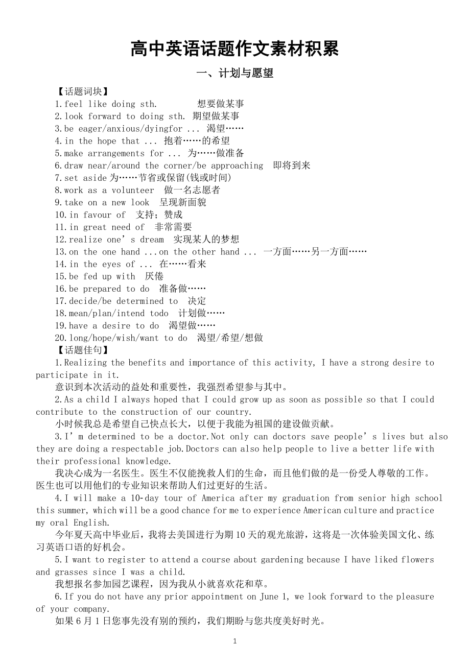 高中英语高考复习话题作文素材积累（共八个话题）.doc_第1页