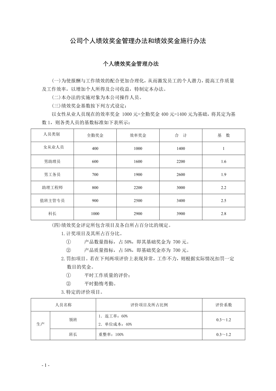 公司个人绩效奖金管理办法和绩效奖金施行办法.doc_第1页